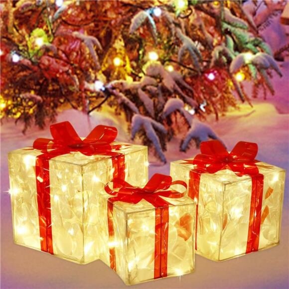 Home Christmas Lighted Boxes, Set of 3 60 LED Light Up Decor Outdoor, Light Up - Picture 13 of 16